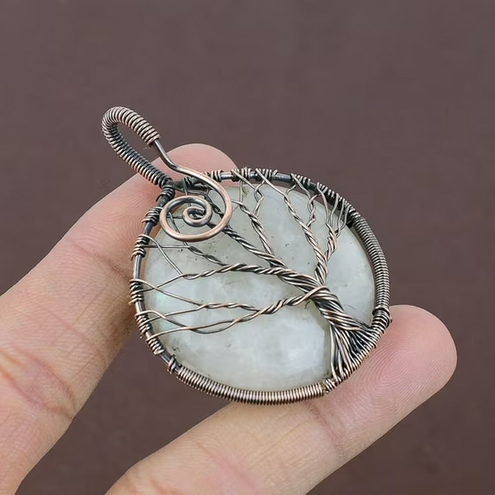 Handmade Copper Bezel With Wire Wrapped Tree Pendant Round Shape 25To30MM Rainbow Moonstone Gemstone Pendant For Happy Birthday Gift's