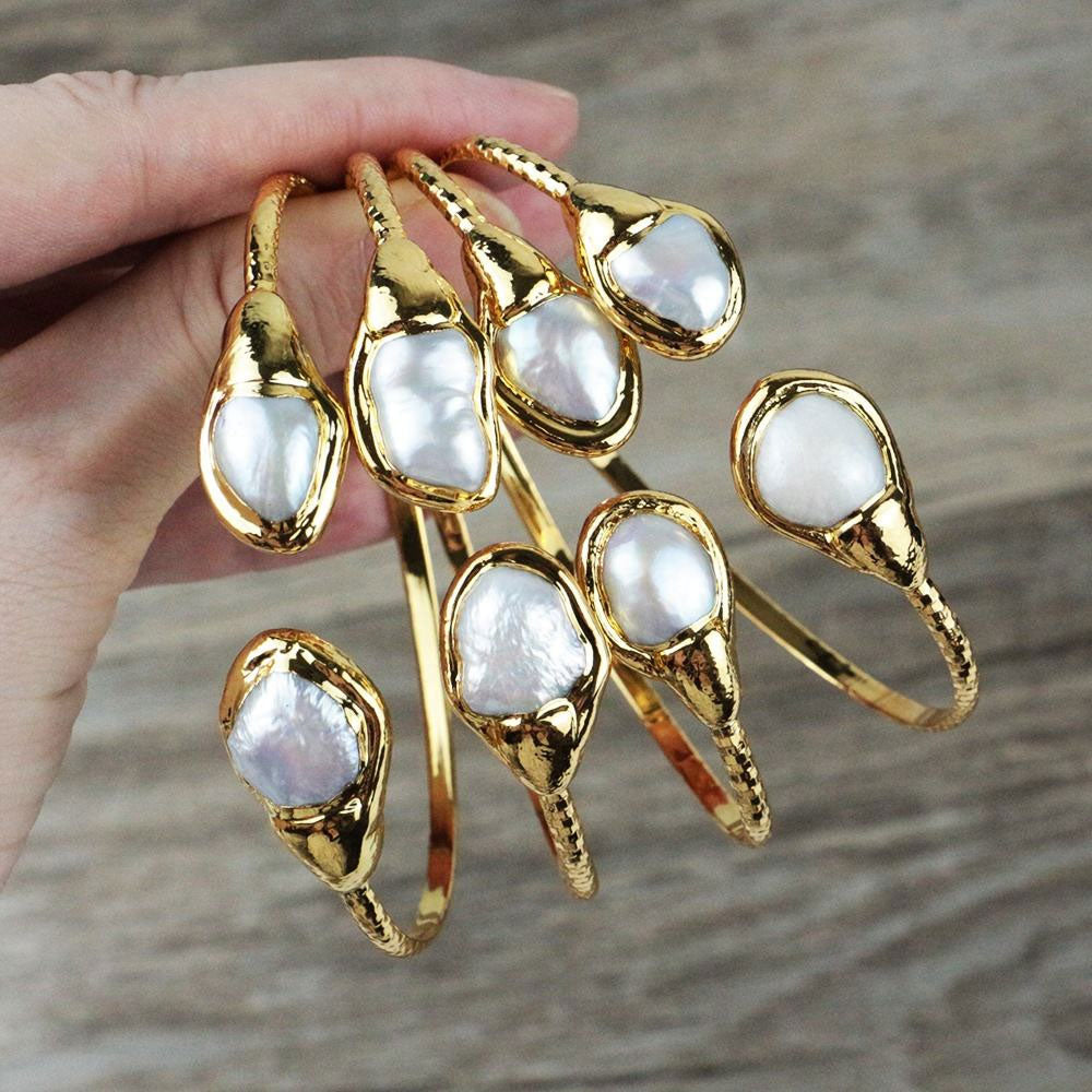 2025 Trendy 925 Sterling Silver Gold Plated Adjustable Bangles 10To12mm Any Shape White Pearl Gemstone Bezel Setting For Anniversary Gift's Women or Men Jewelry For Her