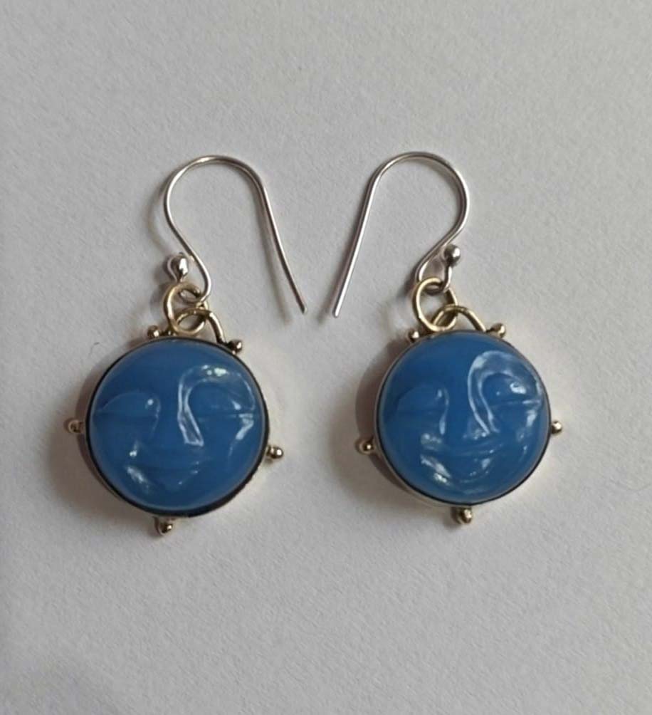 Blue chalcedony, full moon face, 10mm, dangle bezel set, silver