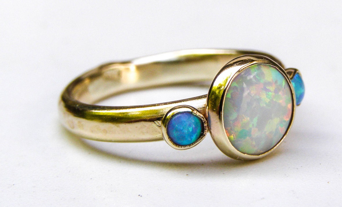 Crafted By Hand Sterling Silver Gold Plated Fine Ring 8X10MM With 2X4MM Round Shaped Ethiopian Opal Gemstone Bezel Set For Anniversary Gift Women or Men Jewelry