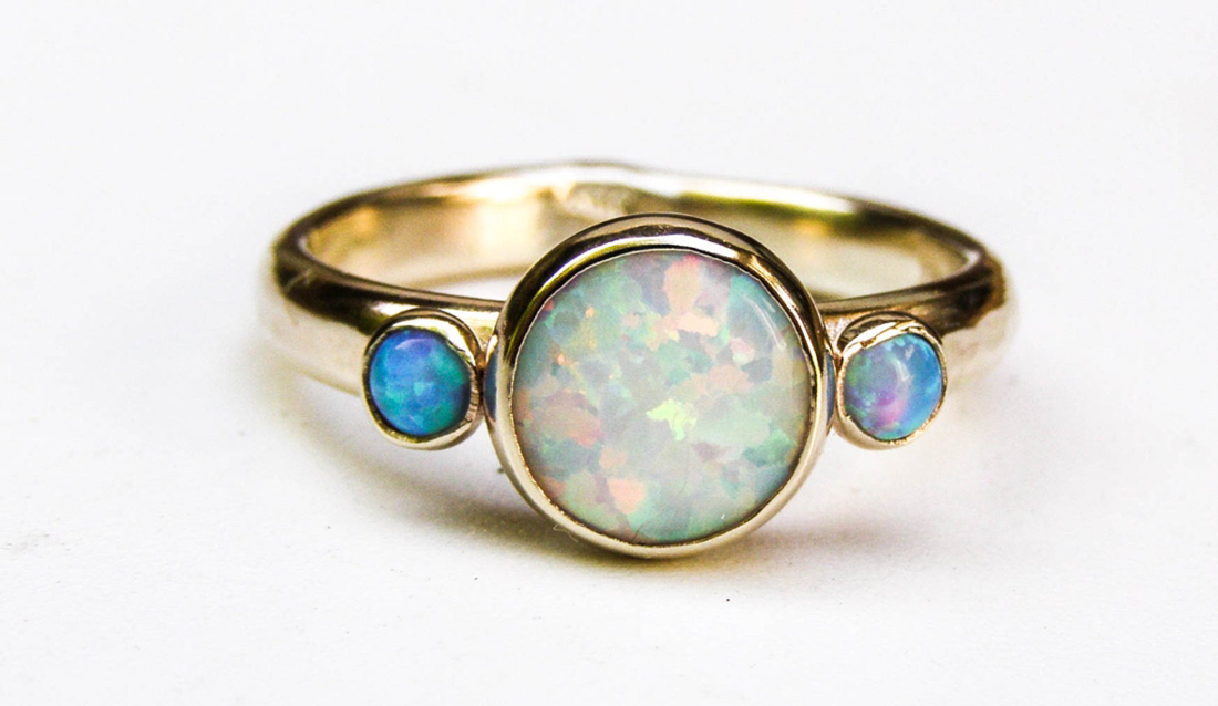 Crafted By Hand Sterling Silver Gold Plated Fine Ring 8X10MM With 2X4MM Round Shaped Ethiopian Opal Gemstone Bezel Set For Anniversary Gift Women or Men Jewelry