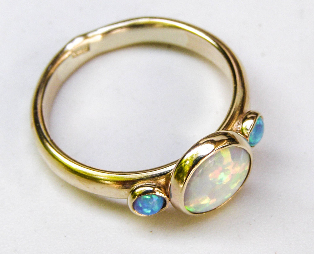 Crafted By Hand Sterling Silver Gold Plated Fine Ring 8X10MM With 2X4MM Round Shaped Ethiopian Opal Gemstone Bezel Set For Anniversary Gift Women or Men Jewelry