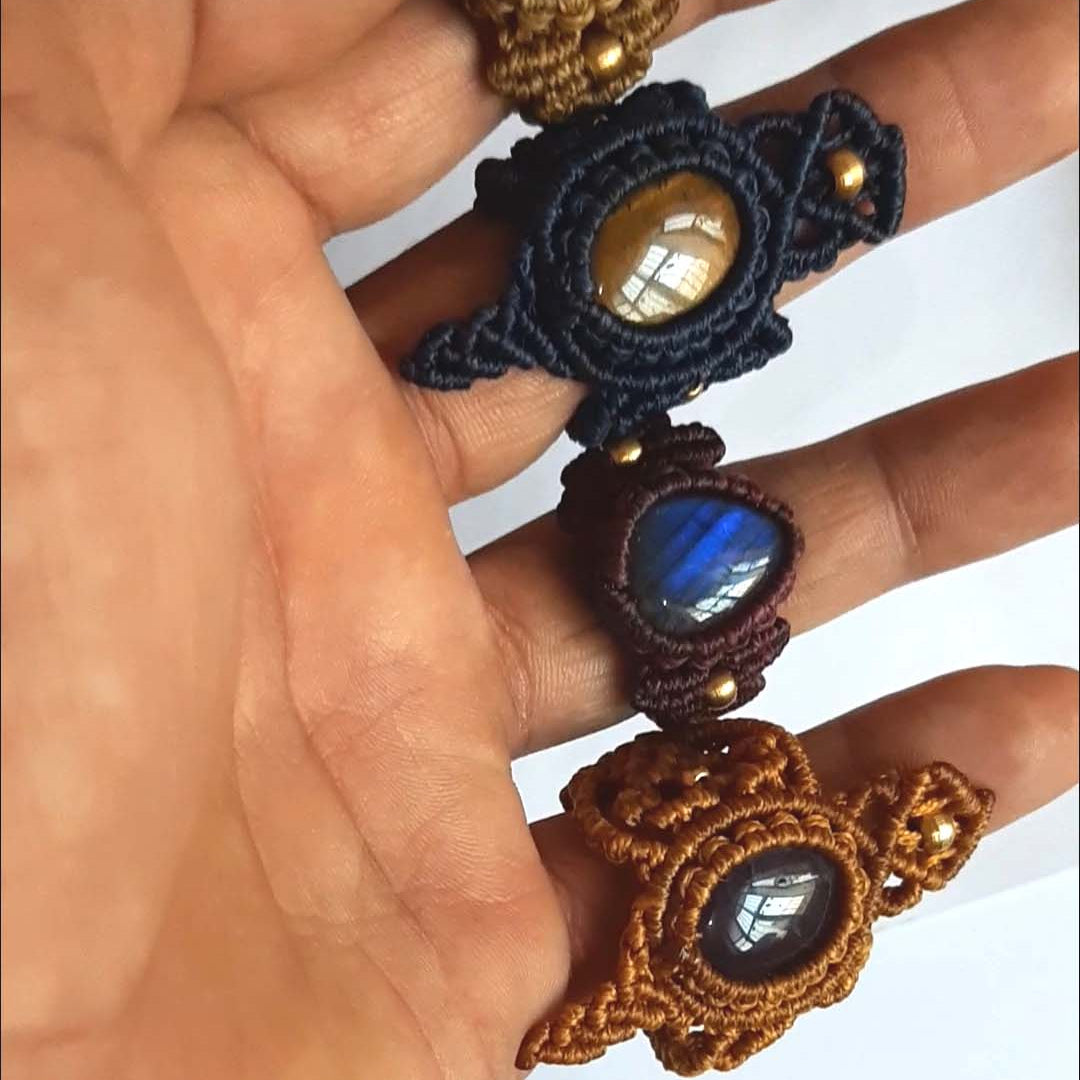 Ring, macrame, multiple color cord & stone