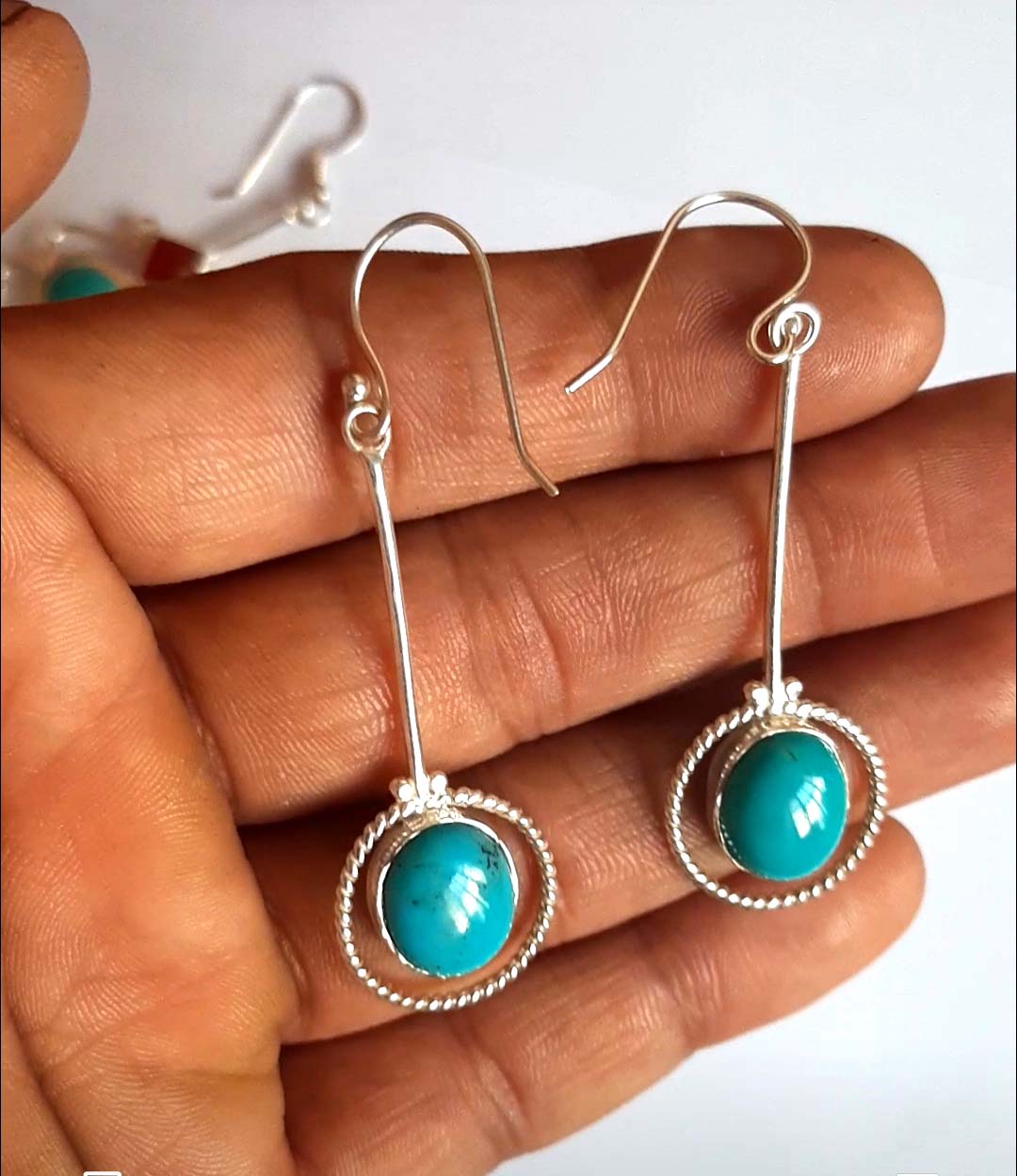 Turquoise, smooth round, 10mm bezel, silver, dangle,