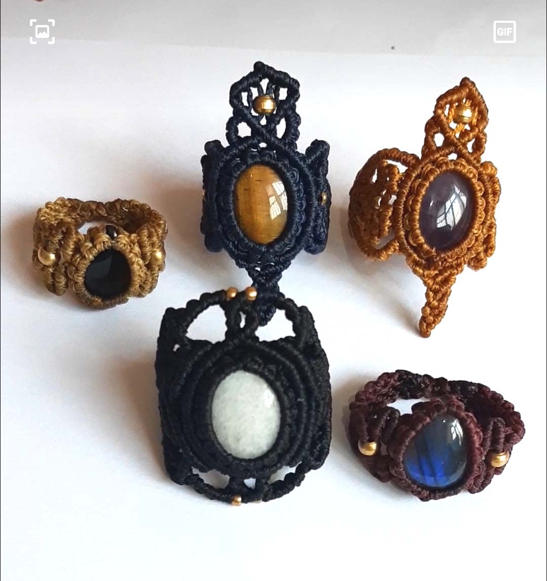 Adjustable ring, macrame, multiple color cord & stone
