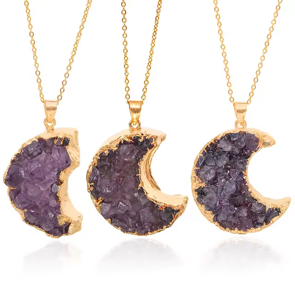 Trendy 2025 925 Sterling Silver Pendant Jewelry 10To25mm Amethyst Raw Gemstone Pendant With Chain Electroplated Set Half Moon Shape For Anniversary Gift's Women or Men Jewelry For Her