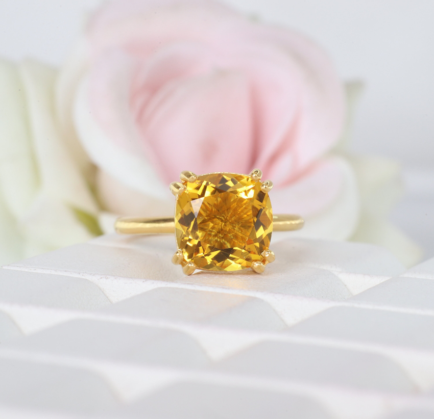 Crafted By Hand Sterling Silver Gold Plated Fine Ring With Square Citrine Faceted Gemstone Prong Set For Anniversary Gift Women or Men Jewelry