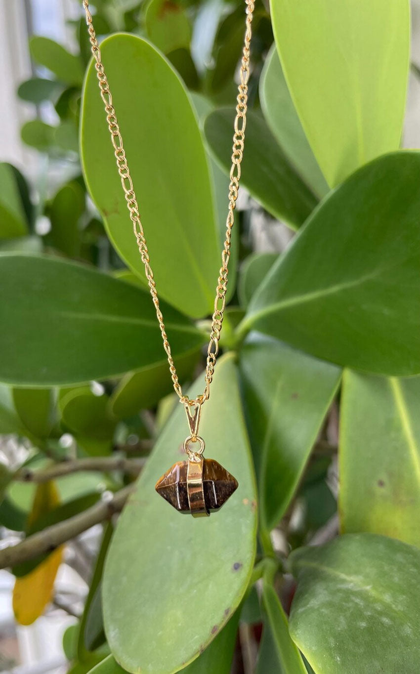 Tiger Eye Double Point Crystal Necklace | Gold Plated Chain