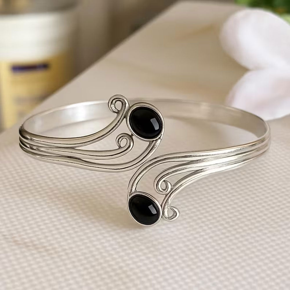 Silver Wave Cuff Bracelet with Blue Moonstone Cabochons