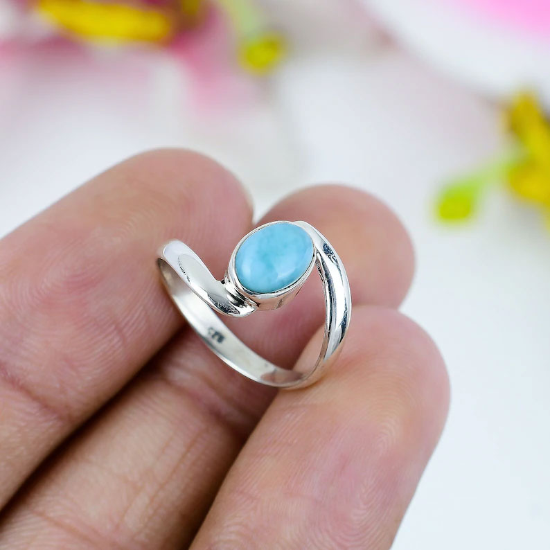 2025 Trendy Sterling Silver Rings 8X10MM Oval Shaped Larimar Gemstone Bezel Setting For Anniversary Gift Women or Men Jewelry For Her