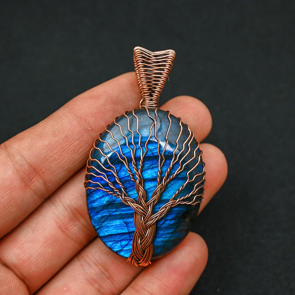 2025 Trendy Handmade Copper Bezel With Tree Wire Wrapped Pendant Oval Shape 25To30MM Labradorite Gemstone Pendant For Happy Birthday Gift's