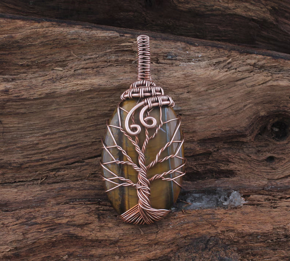 Handmade Copper Bezel With Tree Wire Wrapped Pendant Oval Shape 25To30MM Tiger Eye Stone Pendant For Happy Birthday Gift's