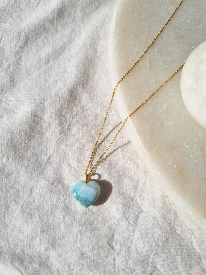 925 Sterling Silver Pendant With Chain Necklace Jewelry 10mm Heart Shape Larimar Gemstone Wire Wrapped Setting For Anniversary Gift's Women or Men Jewelry For Her
