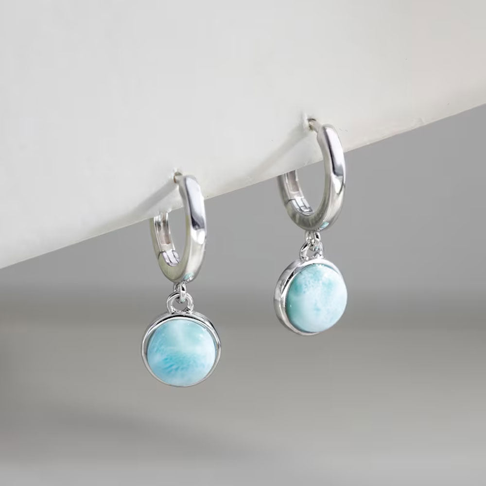 2025 Trendy Crafted By Hand Sterling Silver Pair Earring 10MM Round Shaped Larimar Gemstone Bezel Setting For Anniversary Gift Women or Men Jewelry For Her