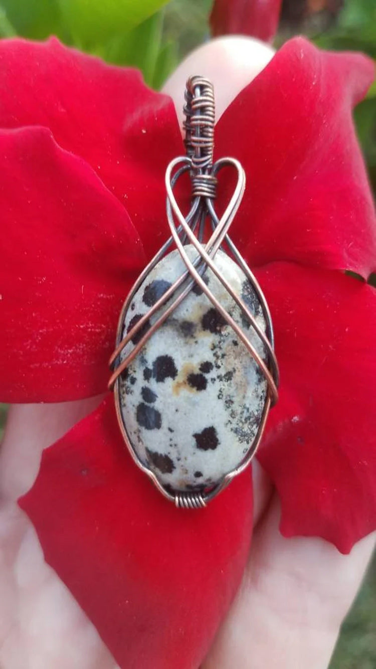 Handmade Copper Bezel With Wire Wrapped Pendant Oval Shape 25To30MM Dalmatian Stone Pendant For Happy Birthday Gift's