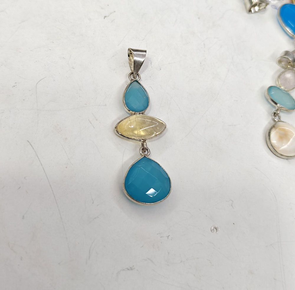 Triple Stone Size 14mm 12mm 8mm Triangle Oval Pear Shape Pendant Citrine Mix Gemstone Pendant Bezel Setting 925 Sterling Silver Pendant Anniversary Gift for Wife For Her