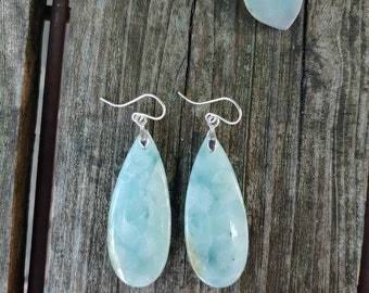 925 Sterling Silver Dangle Pair Earrings Handmade Larimar Natural Gemstone Size 8X10MM Oval Shape Earring Bezel Setting