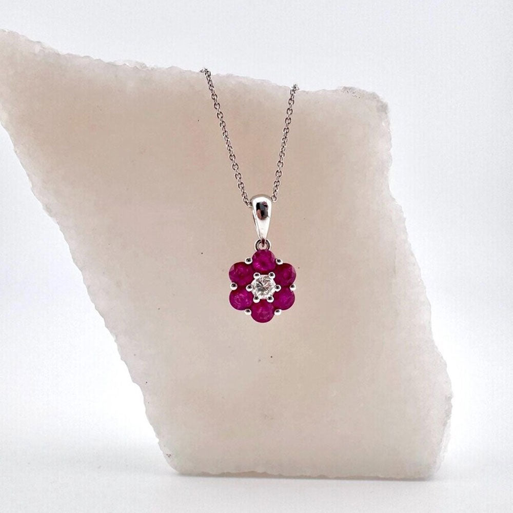 Natural Red Ruby & Diamond Flower Pendant in Solid 14k 18k Gold