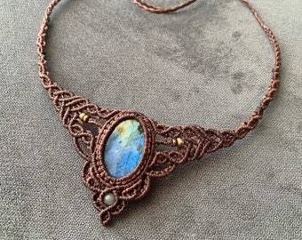 Labradorite Oval Macrame Necklace | Black Cord