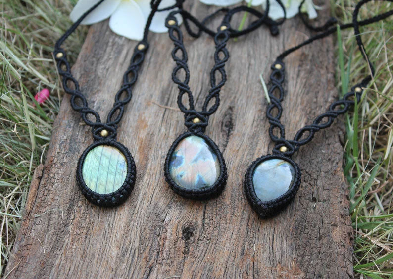 Set of 3 Labradorite Macramé Pendants | Hariom Creations