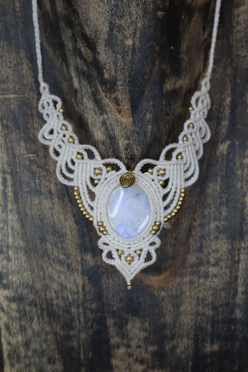 White Moonstone Statement Macrame Necklace | Hariom Creations
