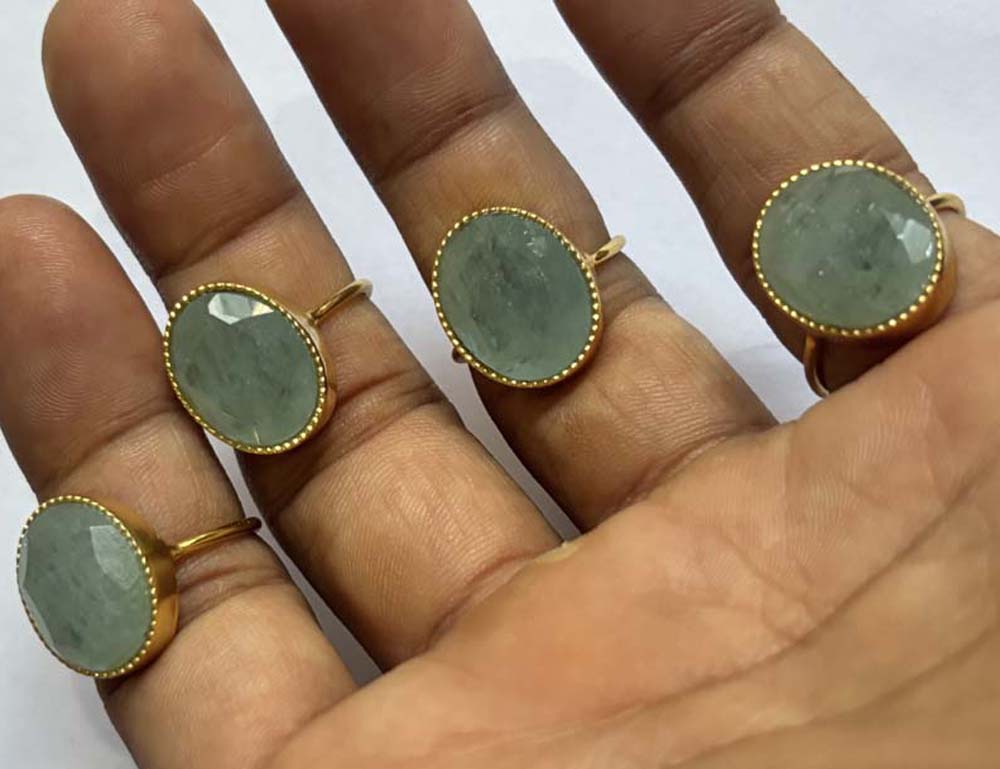 Handmade Sterling Silver Gold Plated Oval Shape Aquamarine Gemstone 10X16MM Adjustable Ring Bezel Setting Women Vintage Ring Gift For Her Jewelry