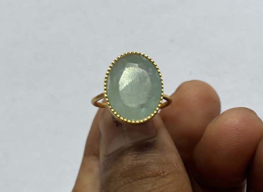 Handmade Sterling Silver Gold Plated Oval Shape Aquamarine Gemstone 10X16MM Adjustable Ring Bezel Setting Women Vintage Ring Gift For Her Jewelry