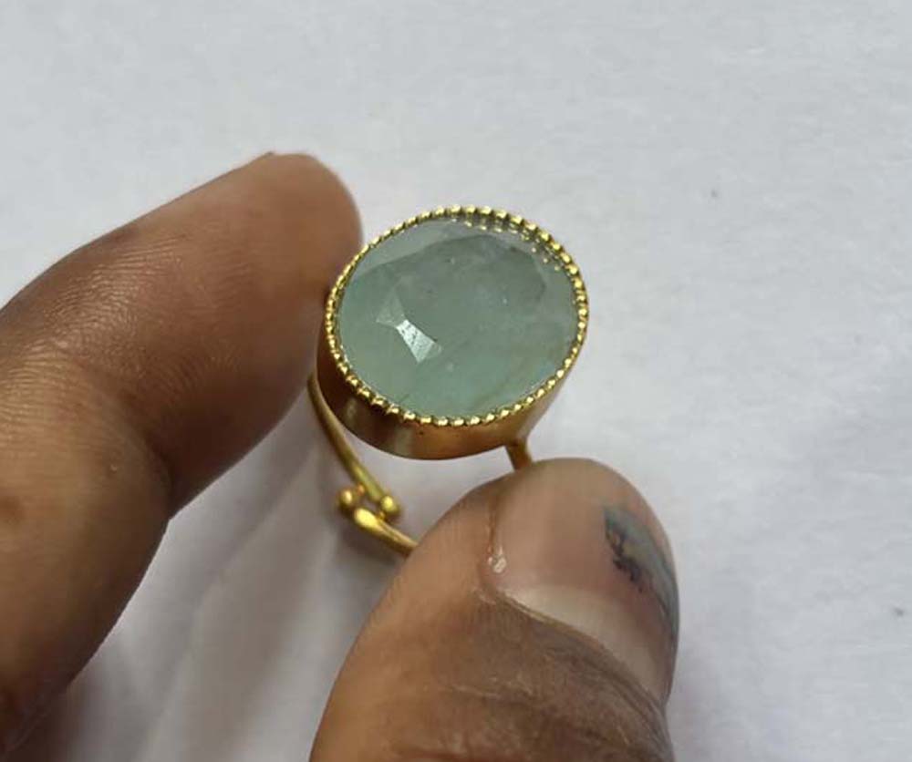 Handmade Sterling Silver Gold Plated Oval Shape Aquamarine Gemstone 10X16MM Adjustable Ring Bezel Setting Women Vintage Ring Gift For Her Jewelry