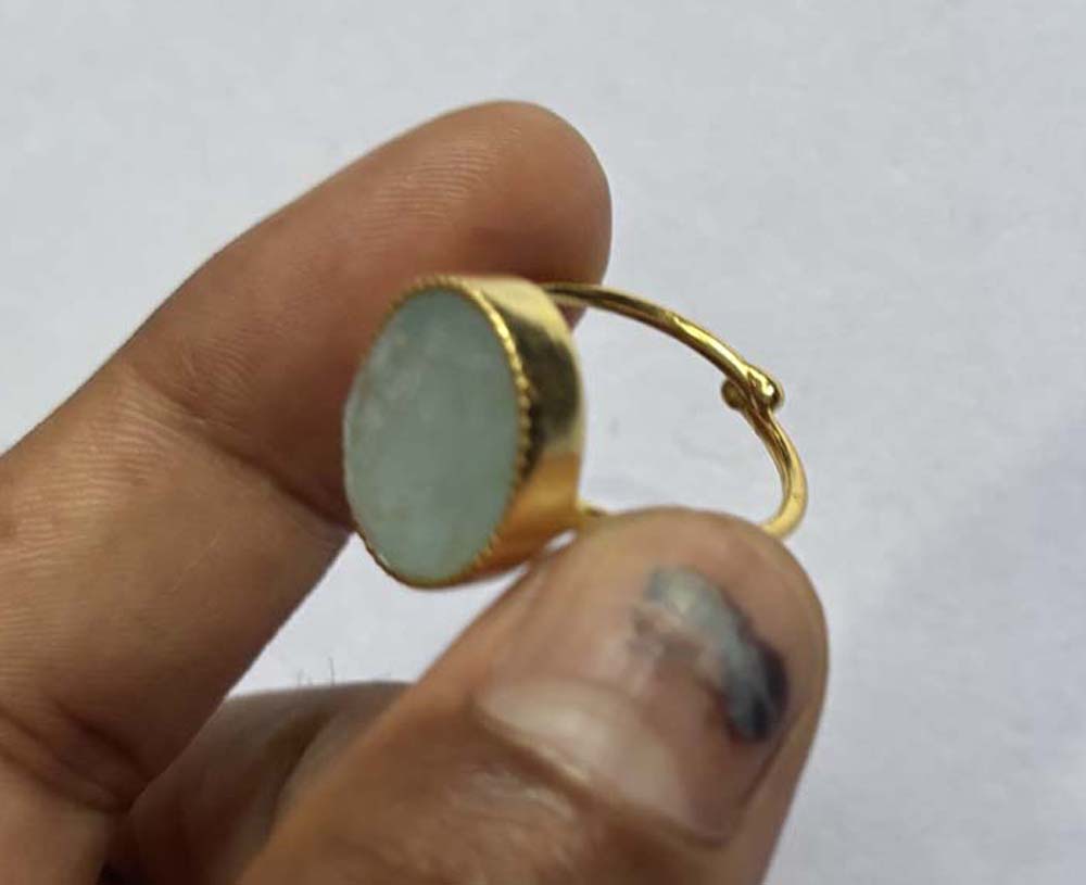 Handmade Sterling Silver Gold Plated Oval Shape Aquamarine Gemstone 10X16MM Adjustable Ring Bezel Setting Women Vintage Ring Gift For Her Jewelry