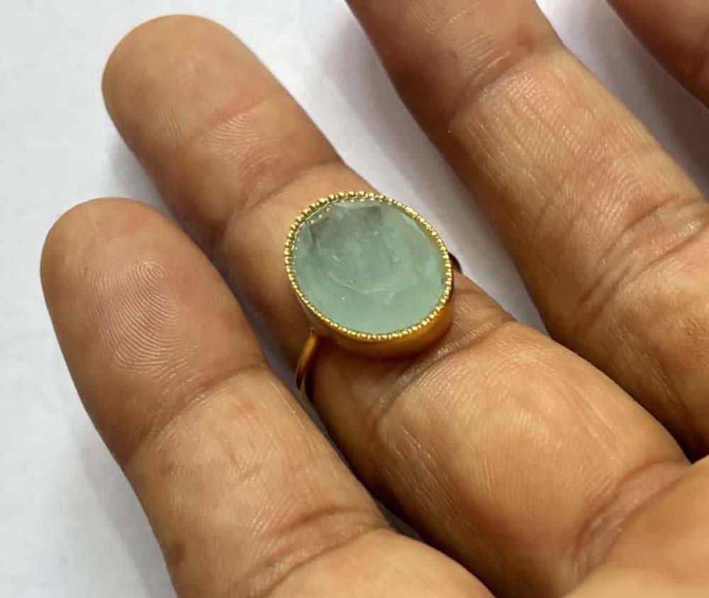 Handmade Sterling Silver Gold Plated Oval Shape Aquamarine Gemstone 10X16MM Adjustable Ring Bezel Setting Women Vintage Ring Gift For Her Jewelry