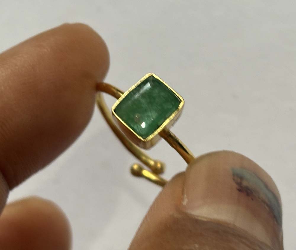 Crafted By Hand Sterling Silver Gold Plated Adjustable Ring 5X7MM Square Shaped Emerald Gemstone Bezel Setting For Anniversary Gift Women or Men Jewelry
