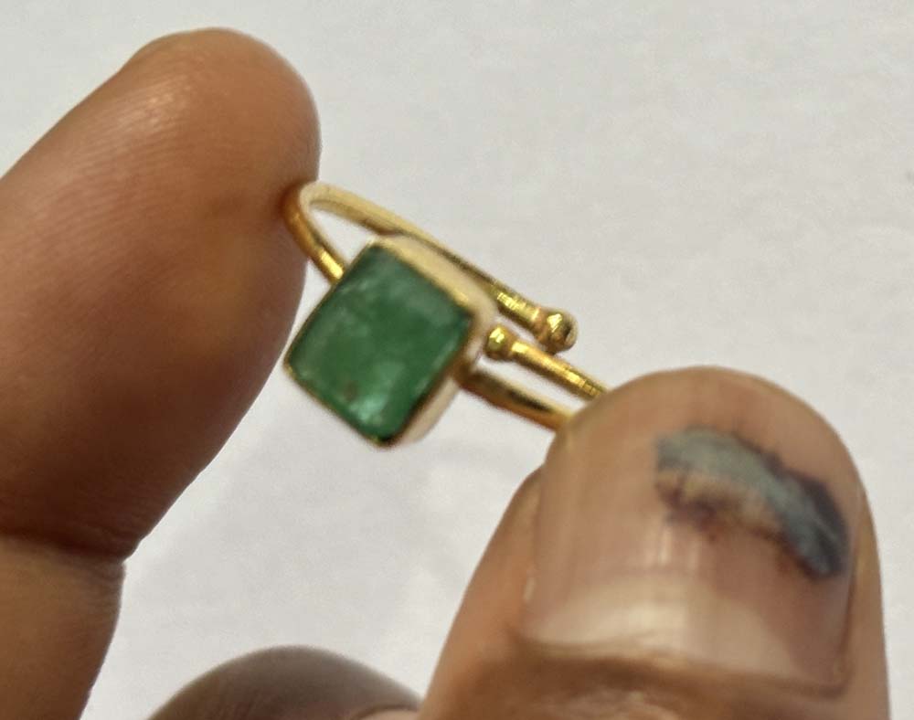 Crafted By Hand Sterling Silver Gold Plated Adjustable Ring 5X7MM Square Shaped Emerald Gemstone Bezel Setting For Anniversary Gift Women or Men Jewelry