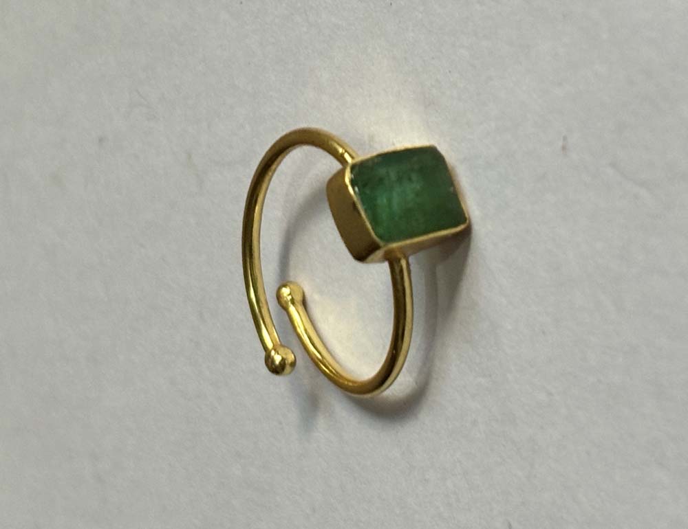 Crafted By Hand Sterling Silver Gold Plated Adjustable Ring 5X7MM Square Shaped Emerald Gemstone Bezel Setting For Anniversary Gift Women or Men Jewelry
