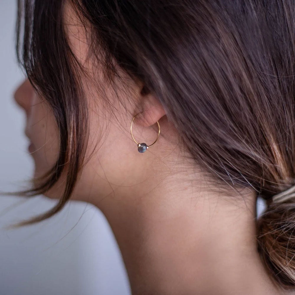 Brass Hoop Earrings with Labradorite | Round Gemstone