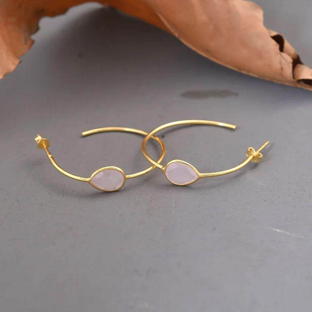 Brass Hoop Pair Earring with Rose Quartz Gemstone