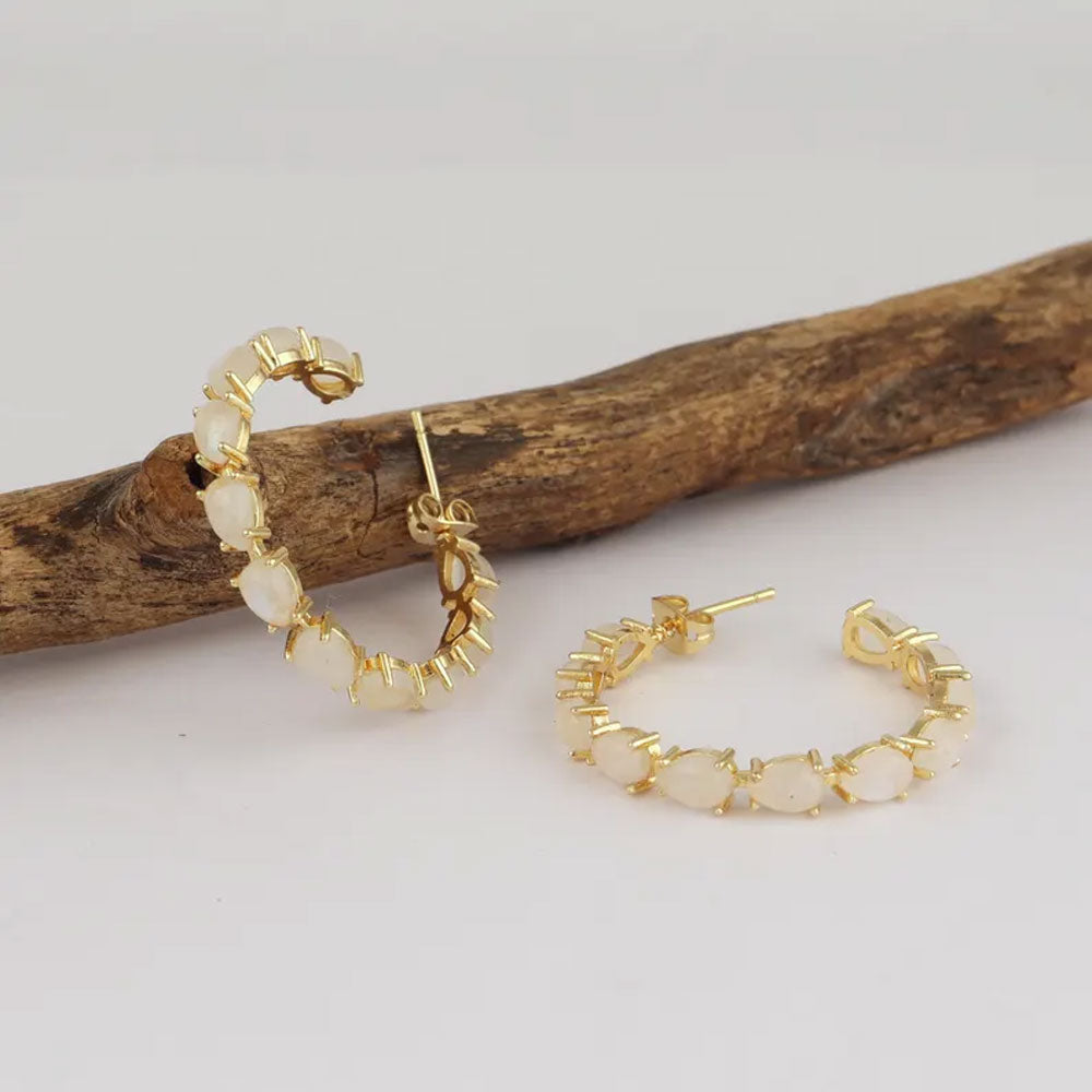 Brass Hoop Earrings with Rose Quartz | Square Gemstone