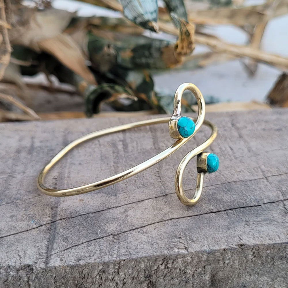 Adjustable Brass Bangle with Turquoise Gemstone | 8MM