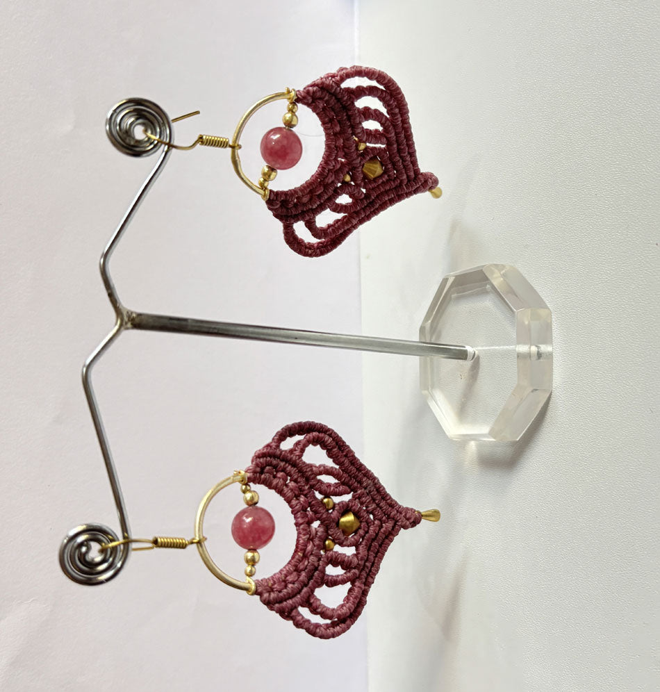 Macrame Dangle Golden Brass Earrings with Green Cords