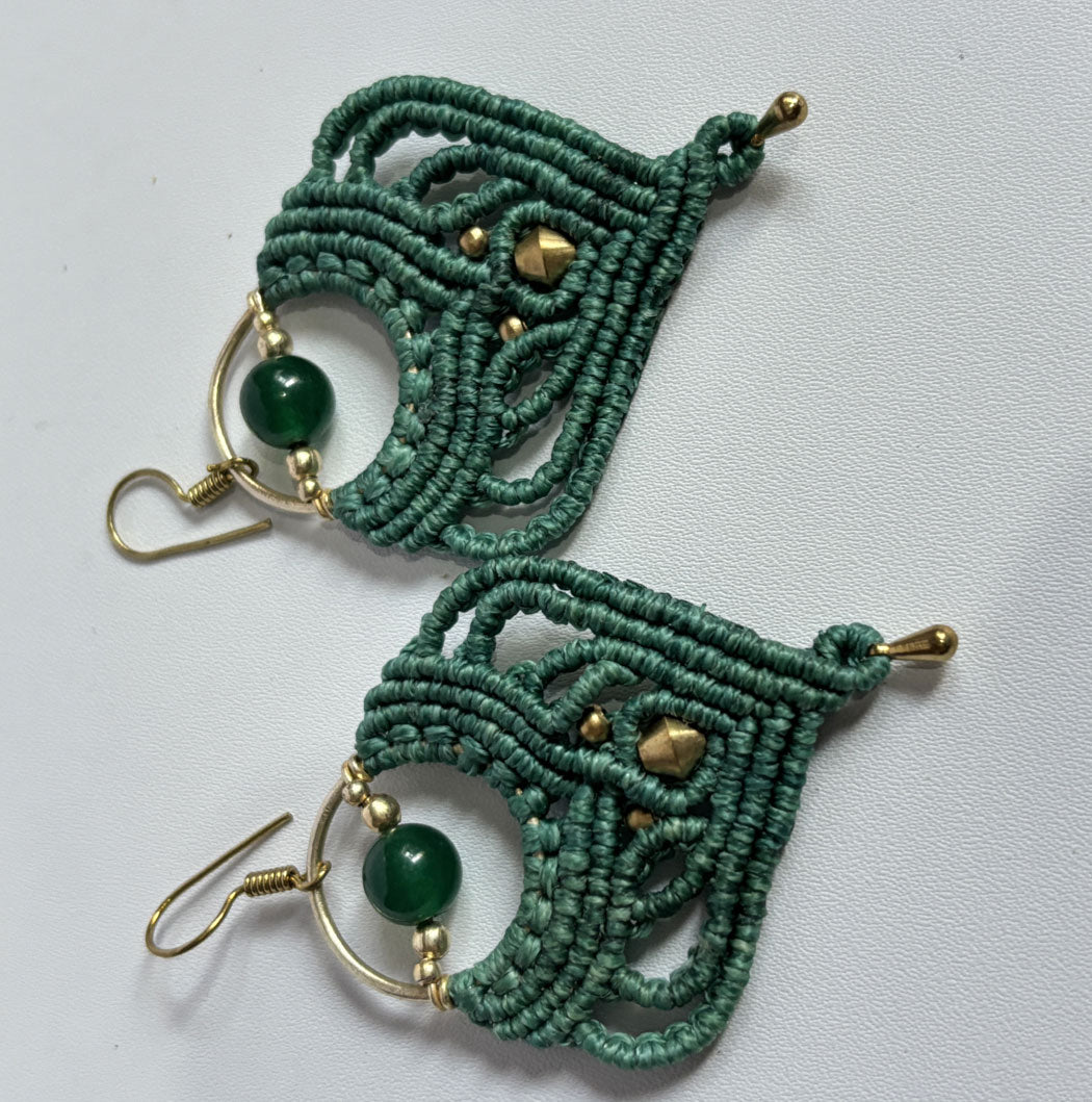 Macrame Dangle Golden Brass Earrings with Green Threads