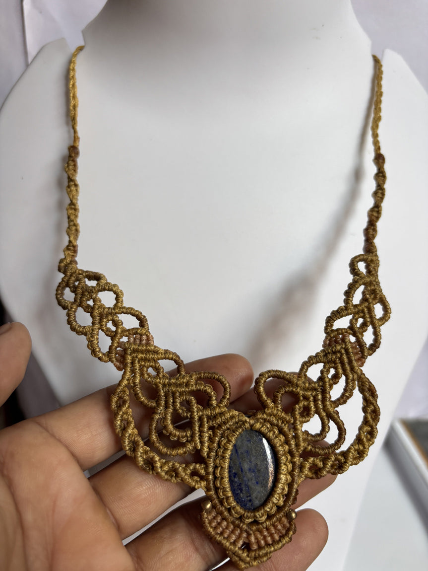 Handmade Macrame Necklace Stone Size 25To30MM Oval Shape Black Onyx Gemstone Golden Color Threads Necklace For Women And Girl's Jewelry