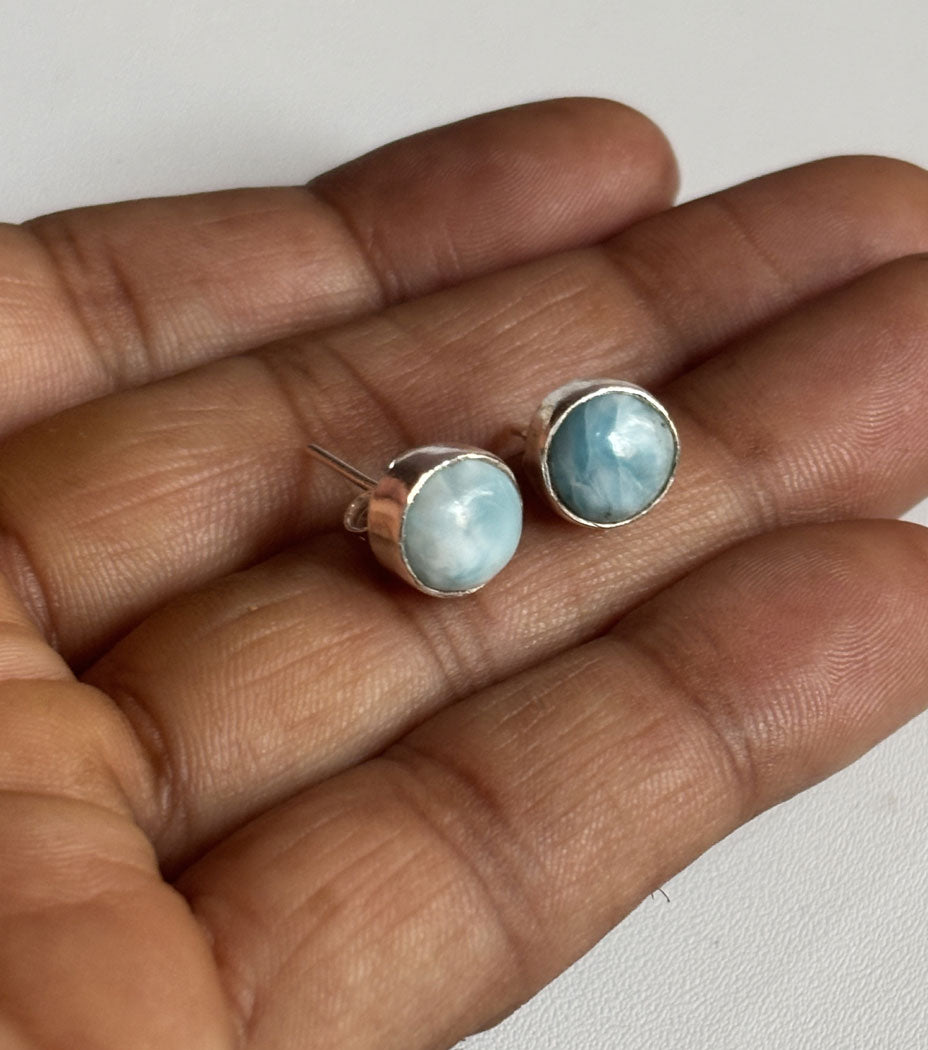 Handmade 925 Sterling Silver Larimar Stud Earrings 10MM
