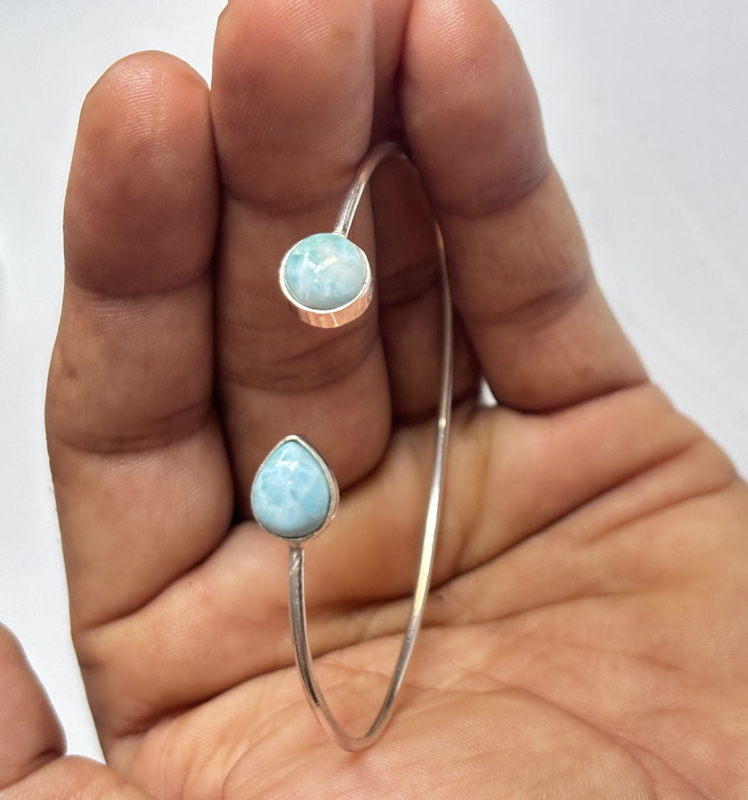925 Sterling Silver Adjustable Bangles 9To12MM Pear or Heart Shape Larimar Gemstone Bangle Bezel Set For Happy Birthday Gift's For Her Bangles