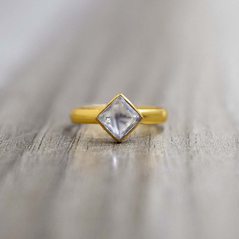 Handmade Brass Ring 8MM Square Shape Kunzite Gemstone Bezel Set Ring For Happy Birthday Gift For Women