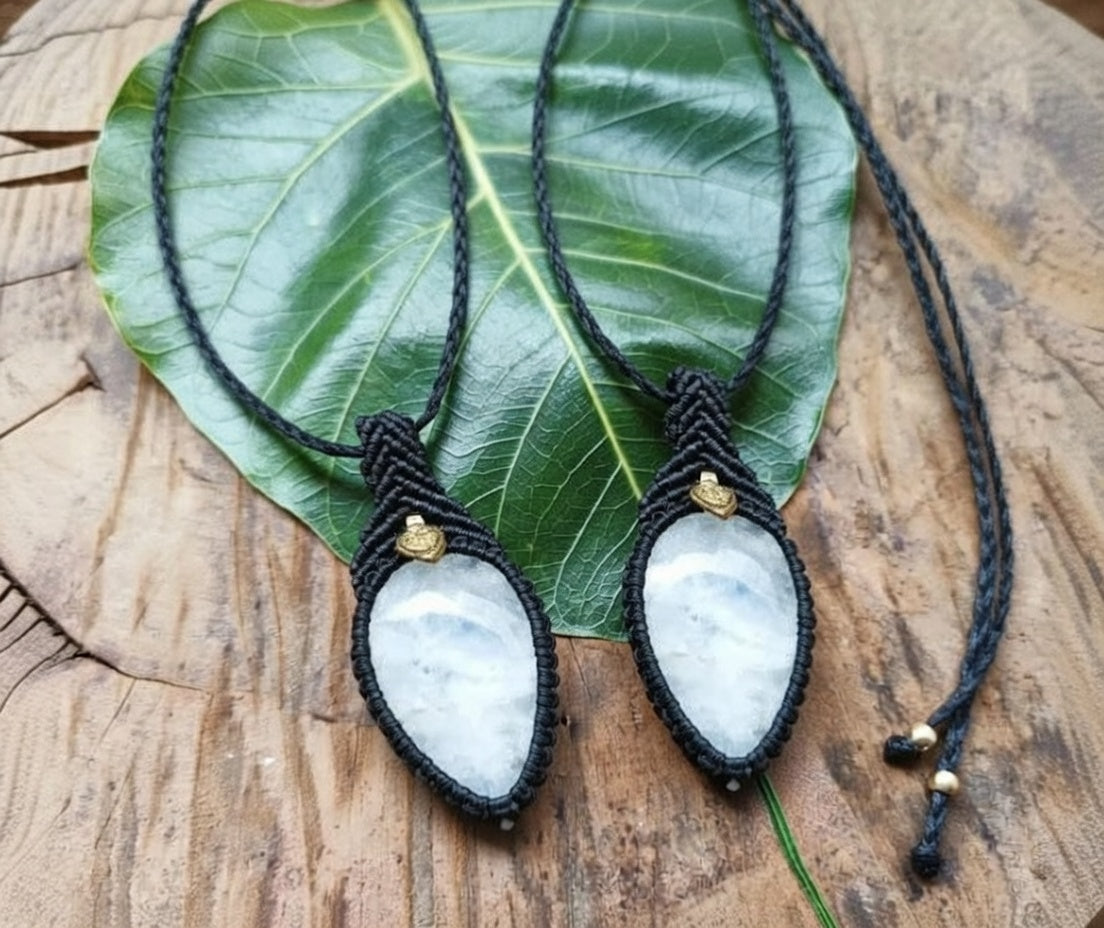 Black Moonstone Macrame Necklace - Teardrop Design