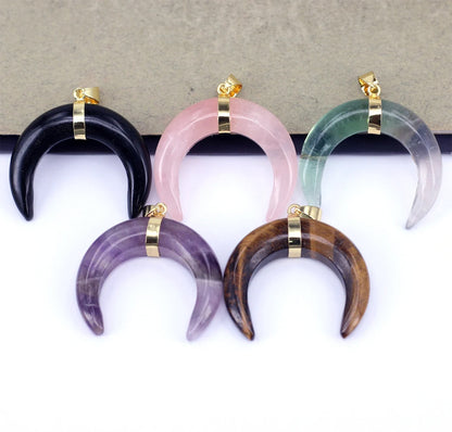 OX-Horn Pendant Natural Crescent Moon Pendants 12mm Natural Multi Color Gemstone 925 Sterling Silver Bezel Set Anniversary Gift's Women or Men Jewelry For Her
