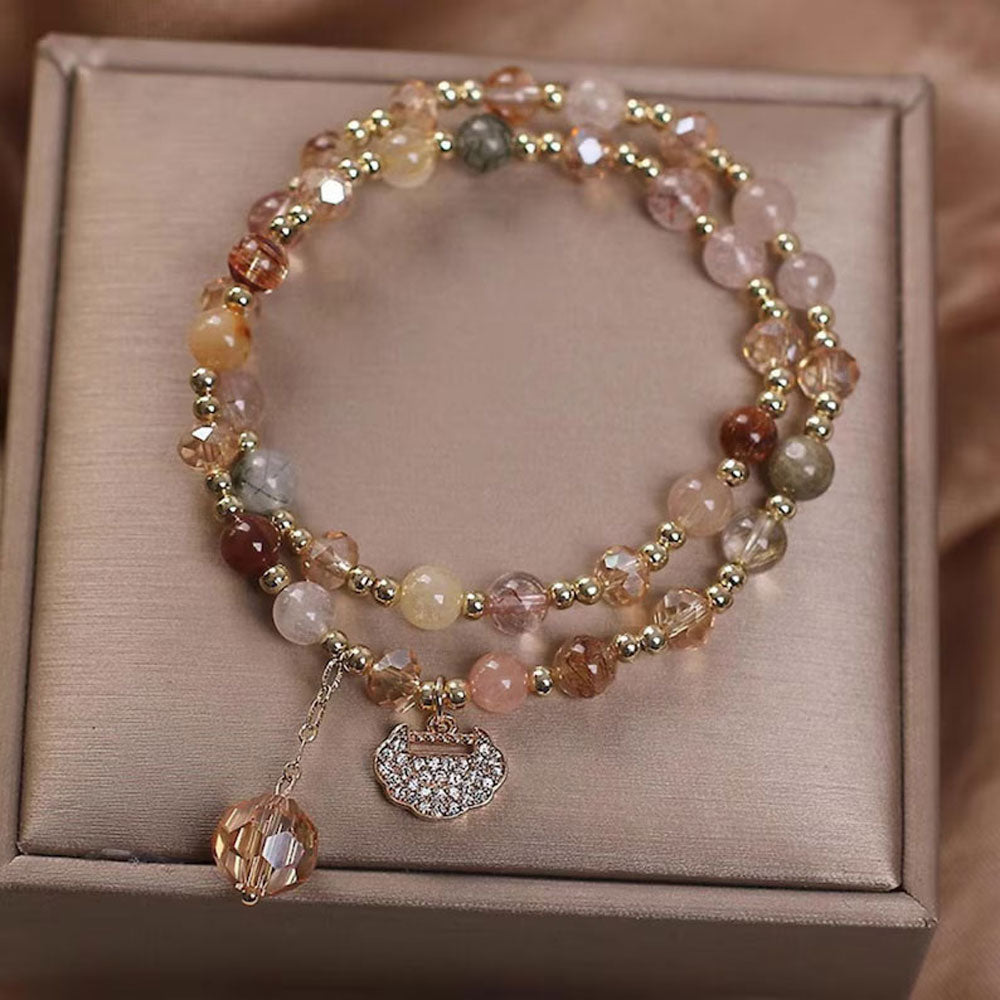 Handmade Brass Bracelet with Rutile Quartz & Pink Chalcedony | 8MM