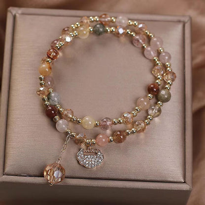 Handmade Brass Bracelet with Rutile Quartz & Pink Chalcedony | 8MM