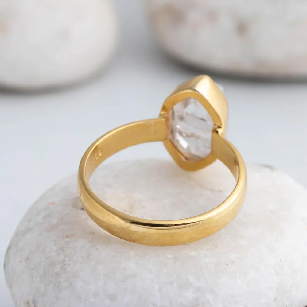 Trendy 925 Sterling Silver Gold Plated Gems Rings 8To10MM Handmade Herkimer Raw Stone Raw Shape Bezel Set Ring For Her Jewelry
