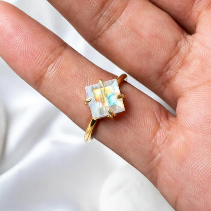 Trendy 925 Sterling Silver Gold Plated Gems Rings 10MM Handmade Rainbow Moonstone Square Octagon Shape Prong Set Ring For Her Jewelry