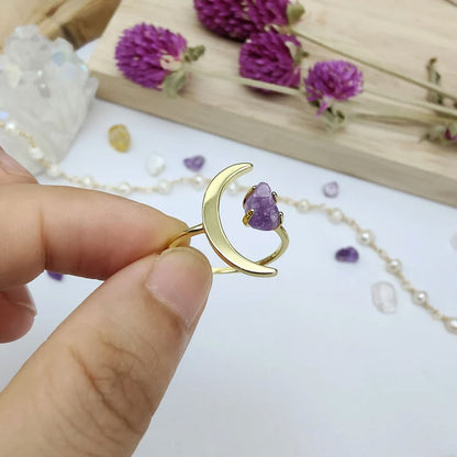 Trendy 2025 Half Moon Shape 15mm 925 Sterling Silver Gold Plated Ring With Amethyst Raw Gemstone Crafted By Hand Jewelry Fine Ring Prong Setting For Anniversary Gift's Women or Men Jewelry For Her